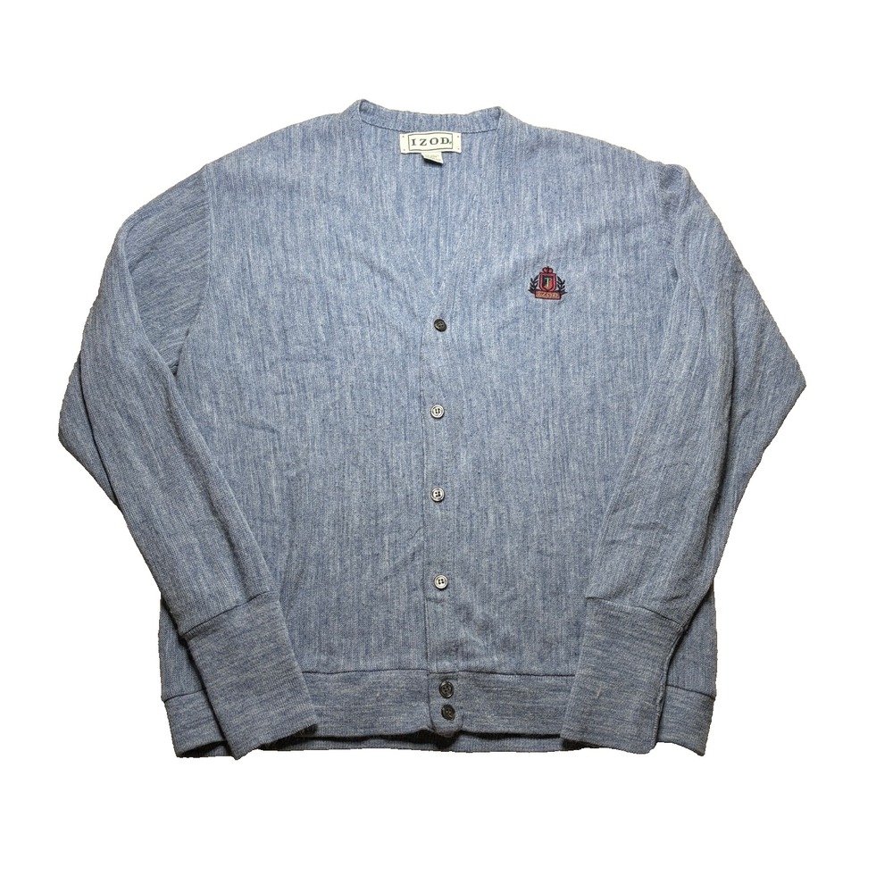 Vtg IZOD Cardigan Sweater Men XL Blue Acrylic Crest USA Preppy 80s Retro